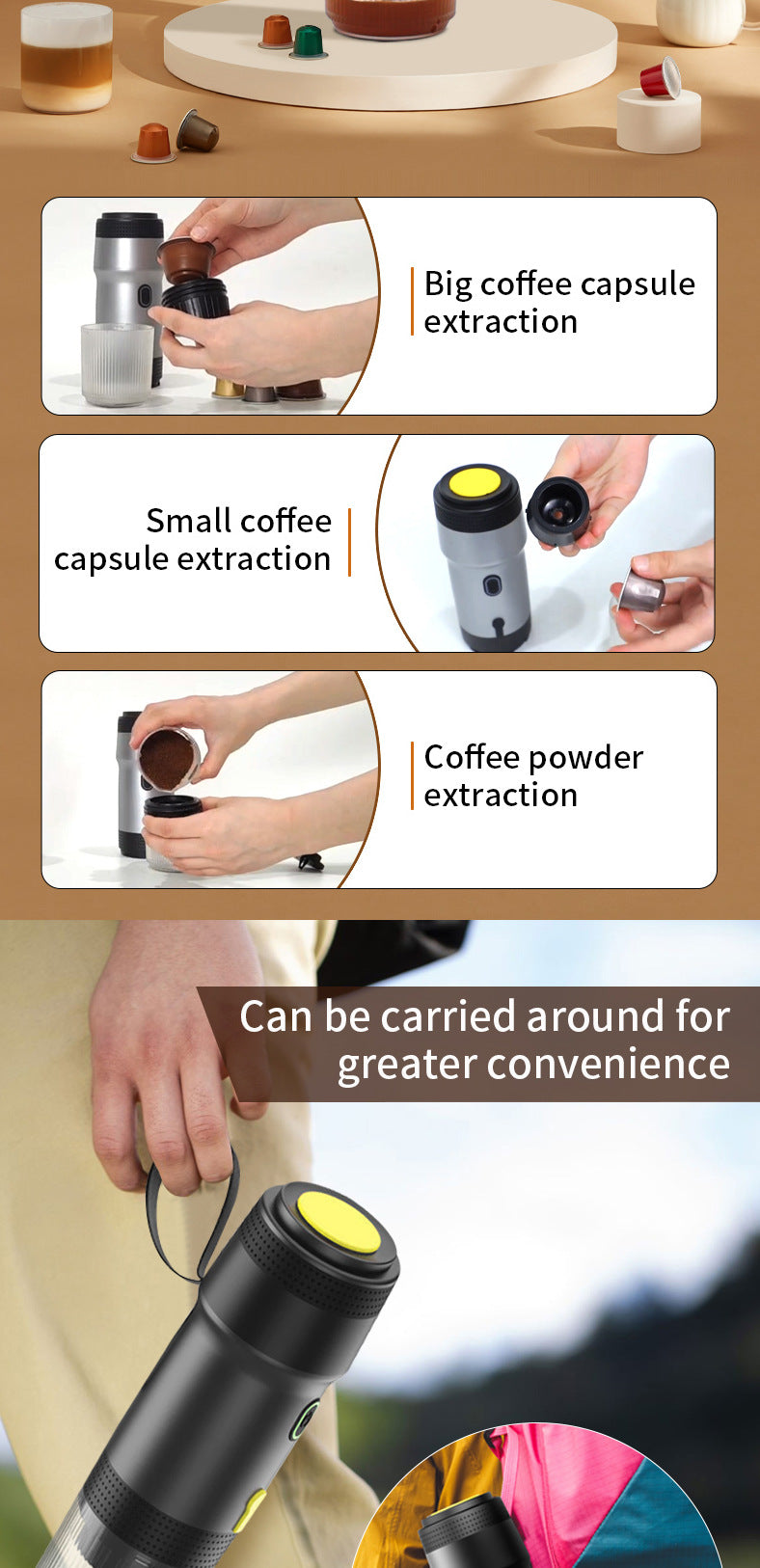 White 3-in-1 Portable Electric Espresso Maker - Rechargeable Travel Coffee Machine for Capsules & Ground Coffee