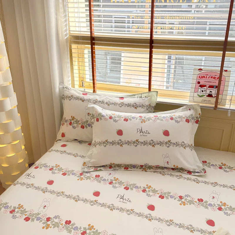 Strawberry Bunny 100% Cotton Pillowcase Set (Pack of 2) - Breathable Standard Size 48x74cm Pure Cotton Pillow Covers - Mekamart Australia