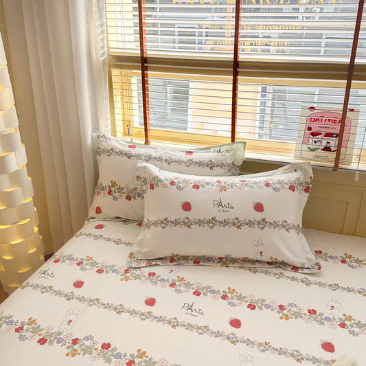 Strawberry Bunny 100% Cotton Pillowcase Set (Pack of 2) - Breathable Standard Size 48x74cm Pure Cotton Pillow Covers - Mekamart Australia