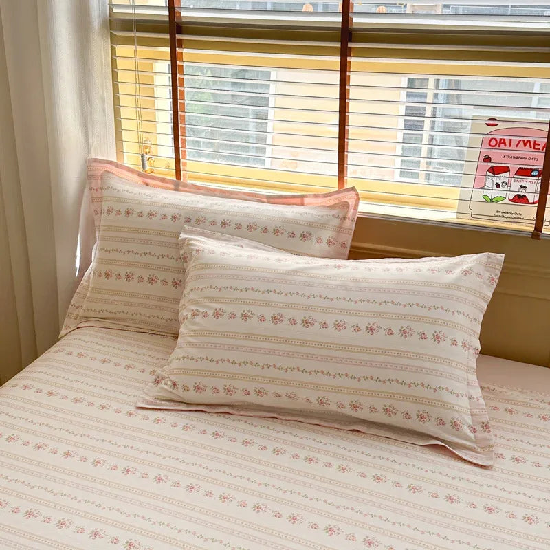 Flowers Pinstripe 100% Cotton Pillowcase Set (Pack of 2) - Breathable Standard Size 48x74cm Pure Cotton Pillow Covers - Mekamart Australia