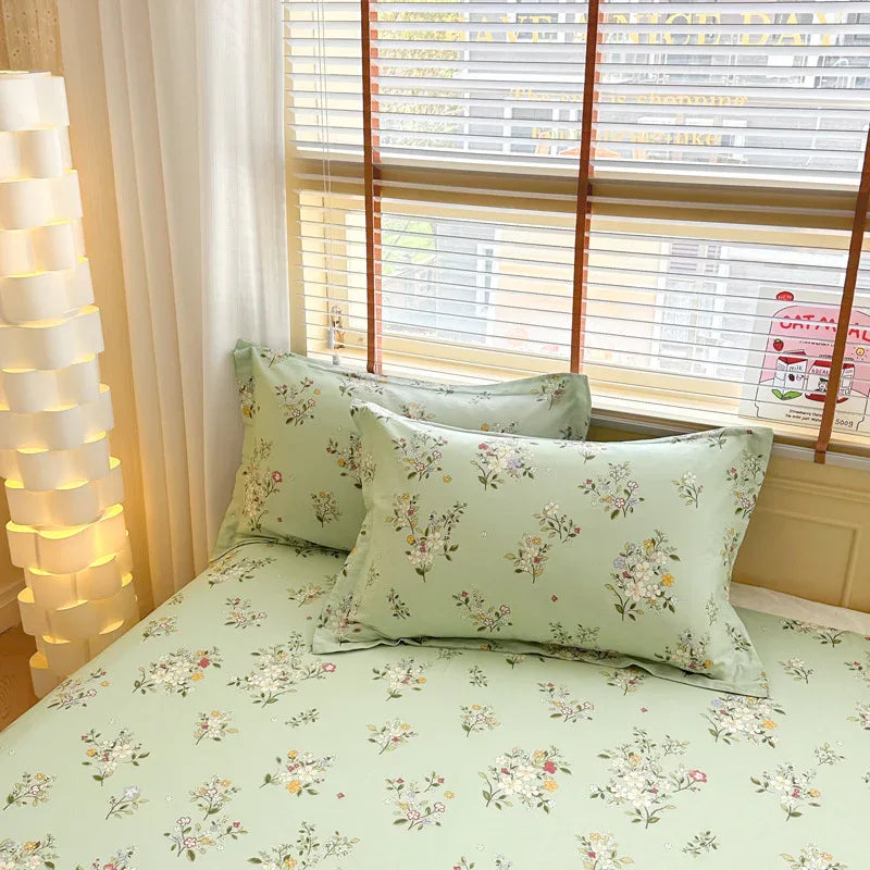Green Flowers 100% Cotton Pillowcase Set (Pack of 2) - Breathable Standard Size 48x74cm Pure Cotton Pillow Covers - Mekamart Australia