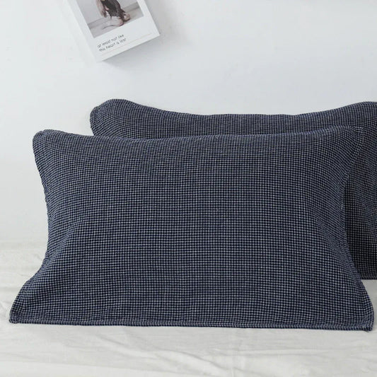 Dark Blue Breathable 4-Layer Cotton Gauze Pillow Towel Pair - Japanese Style Grid (52x75cm)