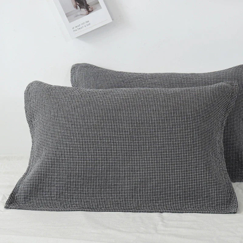 Grey Breathable 4-Layer Cotton Gauze Pillow Towel Pair - Japanese Style Grid (52x75cm) - Mekamart Australia