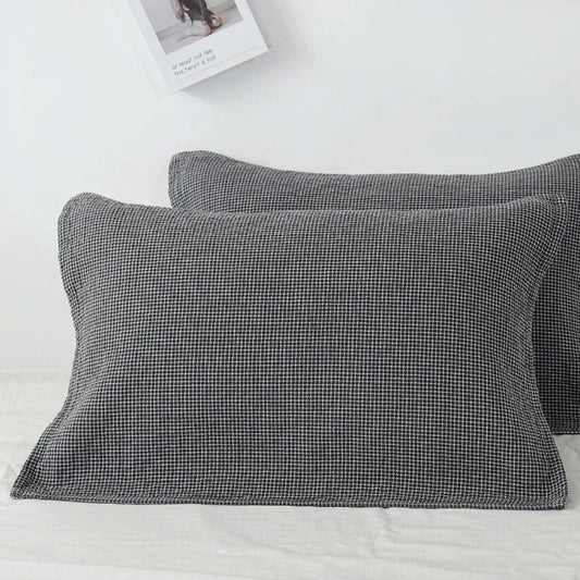 Grey Breathable 4-Layer Cotton Gauze Pillow Towel Pair - Japanese Style Grid (52x75cm)