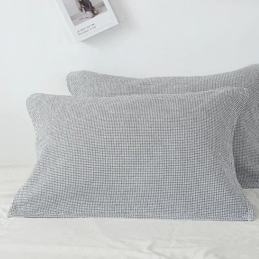 White Breathable 4-Layer Cotton Gauze Pillow Towel Pair - Japanese Style Grid (52x75cm)