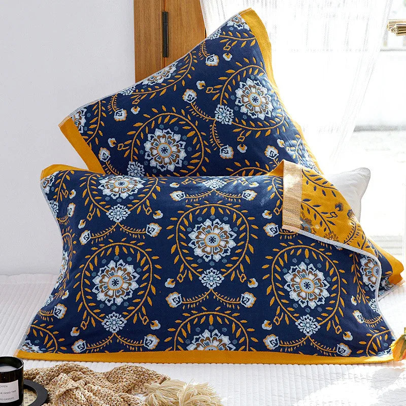 Single Blue Flower Butterfly Pillow Towel Premium Cotton Gauze Pillow Towel Pair - Simple Nordic Style (52x75cm) - Mekamart Australia