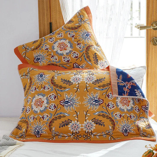 Single Yellow Floral Pillow Towel Premium Cotton Gauze Pillow Towel Pair - Simple Nordic Style (52x75cm)