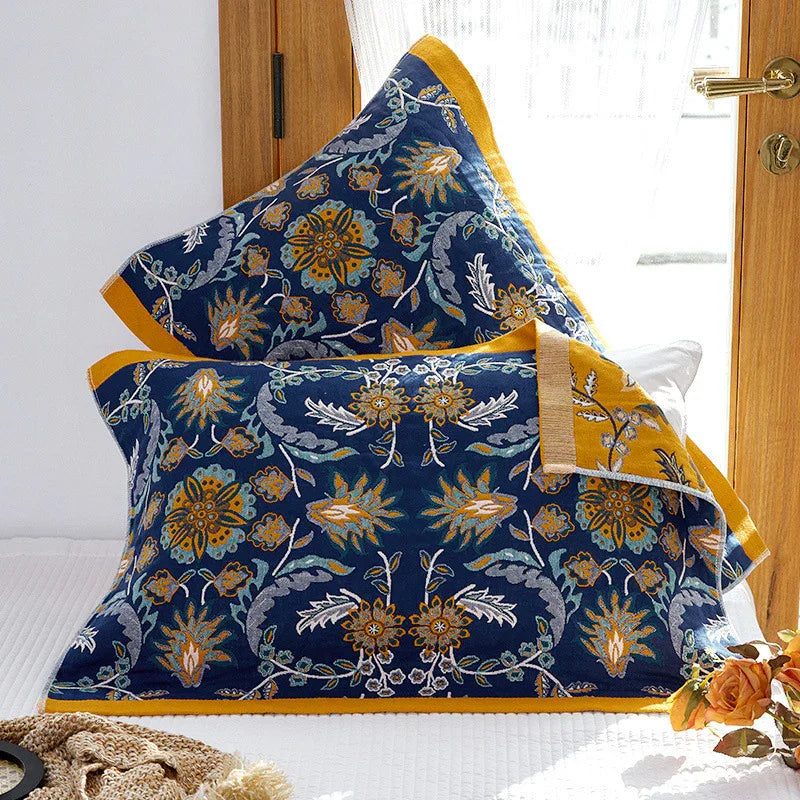 Single Blue Floral Pillow Towel Premium Cotton Gauze Pillow Towel Pair - Simple Nordic Style (52x75cm) - Mekamart Australia