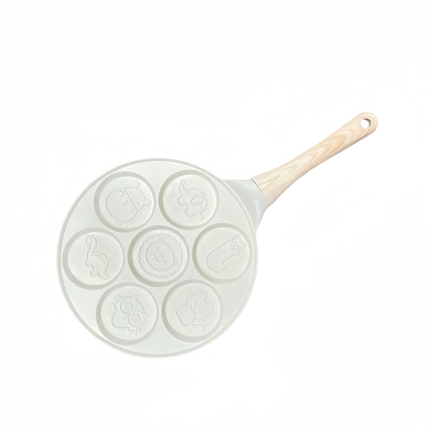 Beige Cartoon + Wood Grain Handle (Gas Model) Non-Stick Pancake Pan - 7-Hole Fun Shapes Breakfast Griddle (27cm)