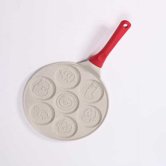 Beige Cartoon + Red Handle (Gas Model) Non-Stick Pancake Pan - 7-Hole Fun Shapes Breakfast Griddle (27cm)