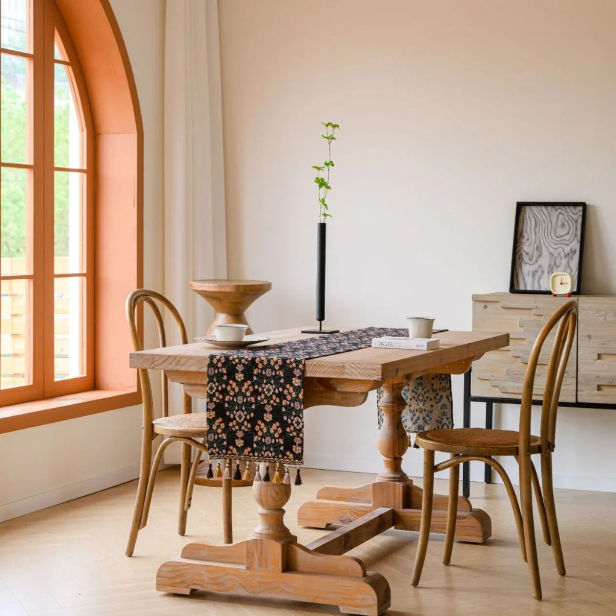 Jacquard Black With Plum Blossom 33-180cm Elegant Geometric Jacquard Table Runner with Tassels - Modern Dining & Coffee Table Decor - Mekamart Australia