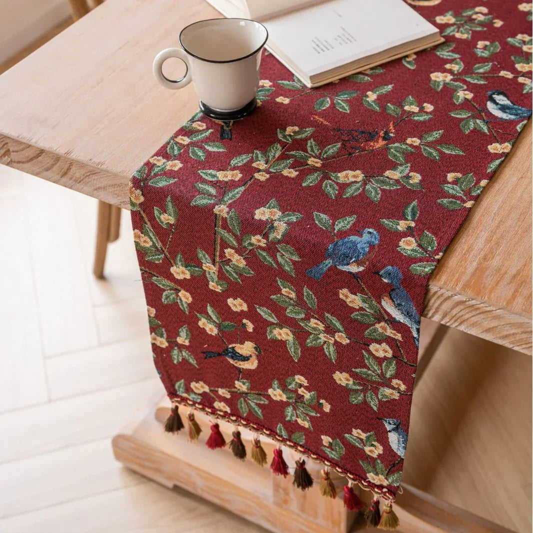 Jacquard Date Red Two Orioles 33-180cm Elegant Geometric Jacquard Table Runner with Tassels - Modern Dining & Coffee Table Decor - Mekamart Australia