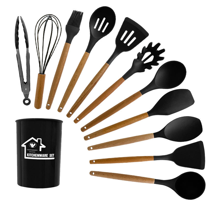Black 11-Piece Silicone Kitchen Utensil Set with Wooden Handles and Storage Bucket - Heat Resistant and Non-Stick