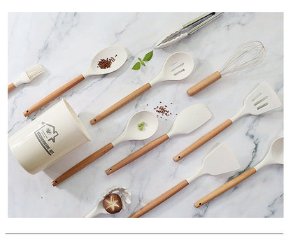 Black 11-Piece Silicone Kitchen Utensil Set with Wooden Handles and Storage Bucket - Heat Resistant and Non-Stick