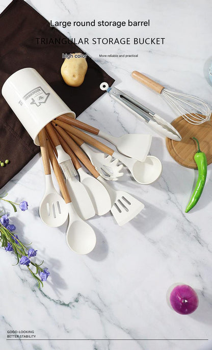 Black 11-Piece Silicone Kitchen Utensil Set with Wooden Handles and Storage Bucket - Heat Resistant and Non-Stick