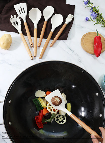 Black 11-Piece Silicone Kitchen Utensil Set with Wooden Handles and Storage Bucket - Heat Resistant and Non-Stick