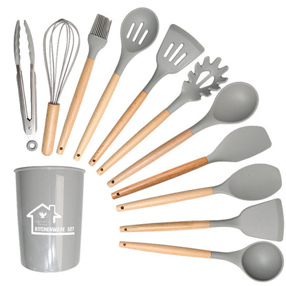 Light Grey 11-Piece Silicone Kitchen Utensil Set with Wooden Handles and Storage Bucket - Heat Resistant and Non-Stick
