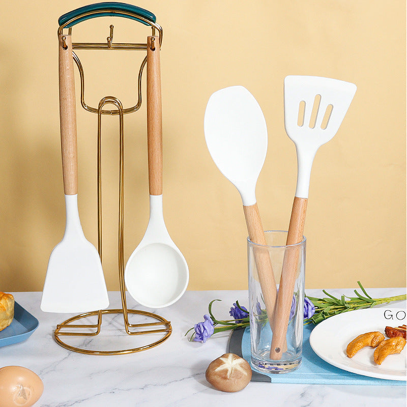 Dark Green 11-Piece Silicone Kitchen Utensil Set with Wooden Handles and Storage Bucket - Heat Resistant and Non-Stick