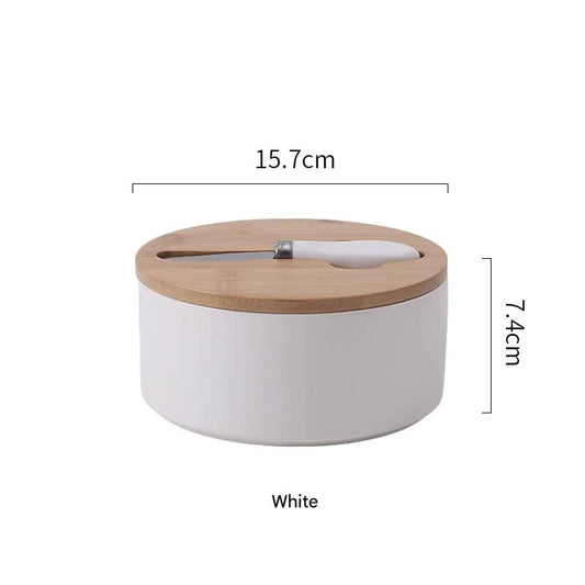 White Nordic Ceramic Butter Dish with Knife - Airtight Cheese Container with Bamboo Lid, Kitchen Storage