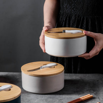 White Nordic Ceramic Butter Dish with Knife - Airtight Cheese Container with Bamboo Lid, Kitchen Storage