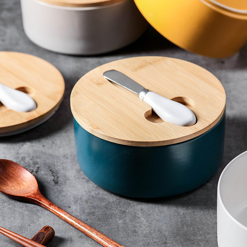 Gray Nordic Ceramic Butter Dish with Knife - Airtight Cheese Container with Bamboo Lid, Kitchen Storage