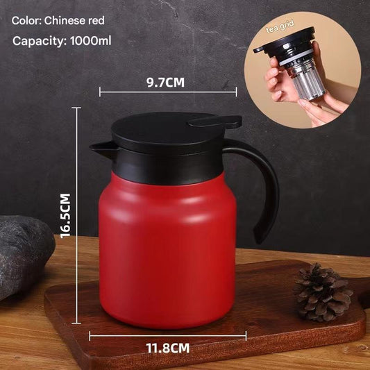 Red 316 Stainless Steel Stewing Tea Kettle with Wooden Handle - Insulated Tea and Coffee Kettle with Infuser for Home and Office