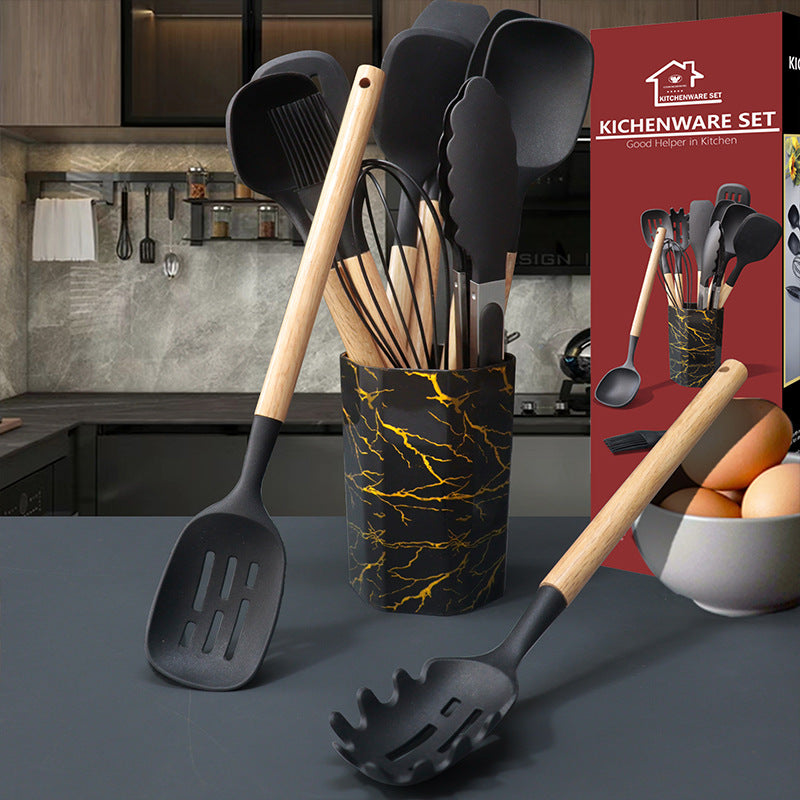 Black 12-Piece Silicone Cooking Utensil Set - Non-Stick Food-Grade Kitchen Tools with Holder