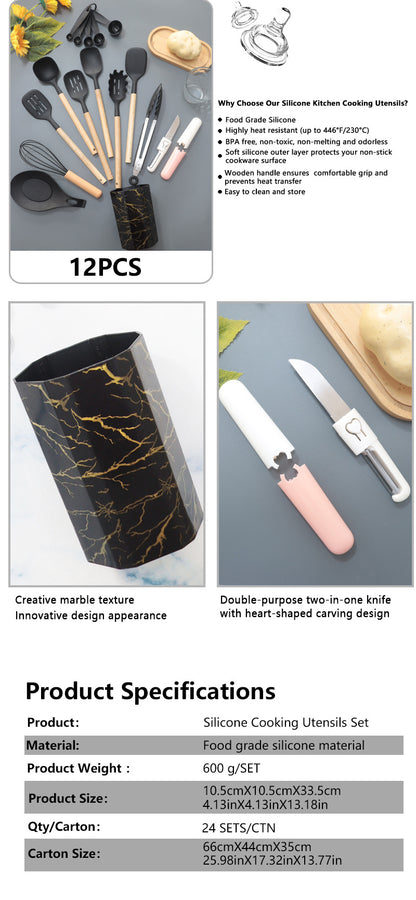 Bamboo Leaf Green 12-Piece Silicone Cooking Utensil Set - Non-Stick Food-Grade Kitchen Tools with Holder