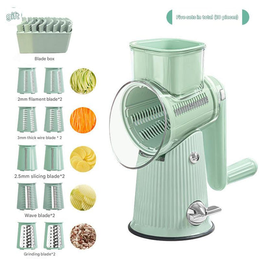 Multi-Function Rotary Vegetable Slicer & Grater - 5 Blade Types (10 Pcs Total) with Storage Box-green