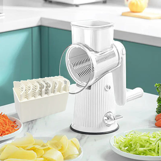 Multi-Function Rotary Vegetable Slicer & Grater - 5 Blade Types (10 Pcs Total) with Storage Box-white