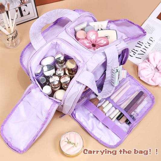 Portable Multi-Compartment Travel Toiletry & Makeup Organizer Bag with Brush Holders(Light purple)
