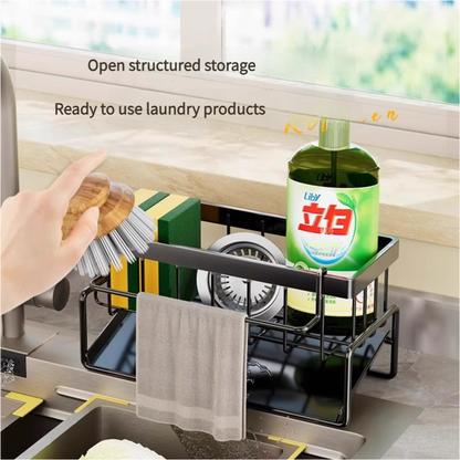 Kitchen Sink Caddy Organizer with Towel Bar & Drain Tray - Durable Metal Sponge Holder(Black)