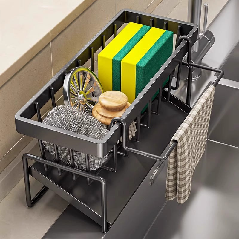 Kitchen Sink Caddy Organizer with Towel Bar & Drain Tray - Durable Metal Sponge Holder(White)