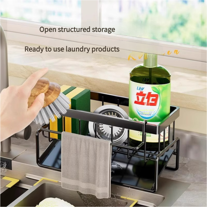 Kitchen Sink Caddy Organizer with Towel Bar & Drain Tray - Durable Metal Sponge Holder(White)