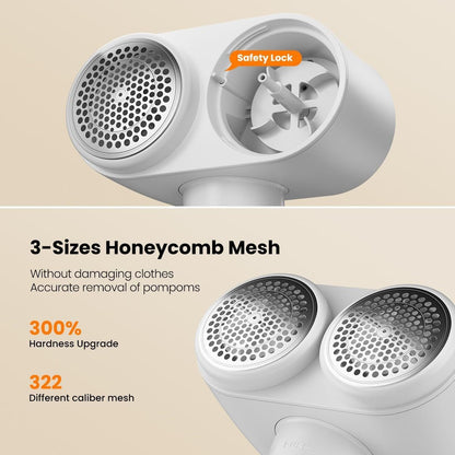 Dual-Head Electric Lint Remover - USB-C Rechargeable, LED Display, 3-Size Honeycomb Mesh(White)