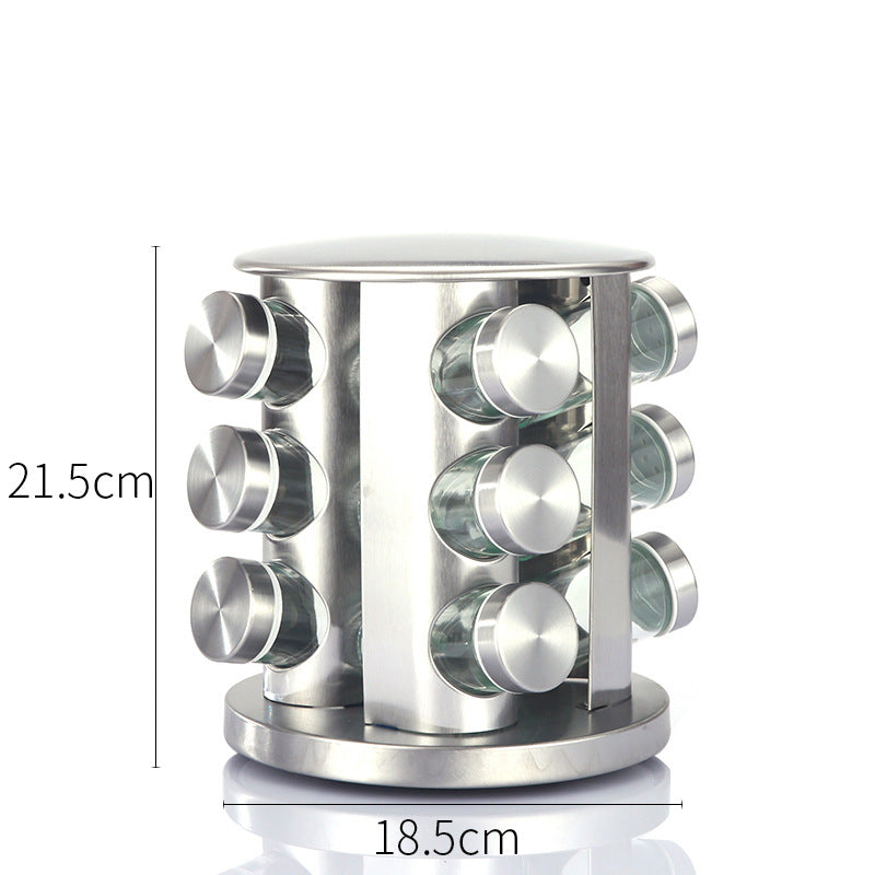 Modern stainless steel round rotating spice rack with 12 empty glass jars (88 ml each)