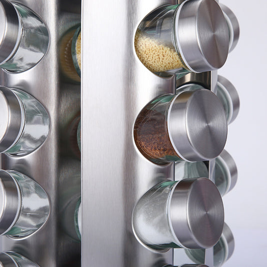 Modern stainless steel round rotating spice rack with 12 empty glass jars (88 ml each)