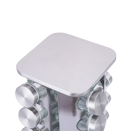 Modern stainless steel rounded corner rotating spice rack with 12 empty glass jars (88 ml each)