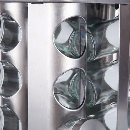 Modern stainless steel rounded corner rotating spice rack with 12 empty glass jars (88 ml each)