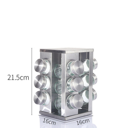 Modern stainless steel square spice revolving rack with 12 (88 ml each) empty glass jars