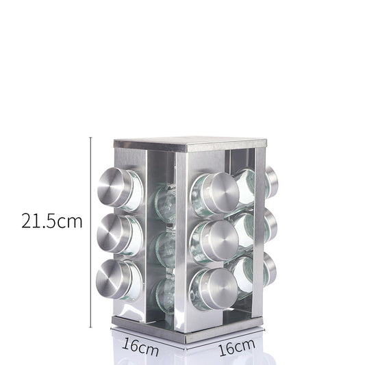 Modern stainless steel square spice revolving rack with 12 (88 ml each) empty glass jars
