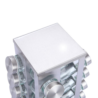 Modern stainless steel square spice revolving rack with 12 (88 ml each) empty glass jars
