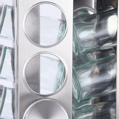Modern stainless steel square spice revolving rack with 12 (88 ml each) empty glass jars