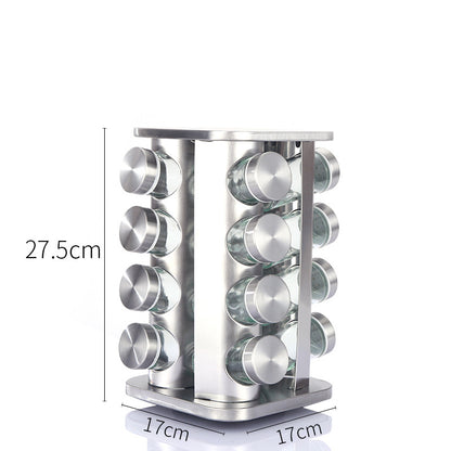 Modern stainless steel rounded corner rotating spice rack with 16 empty glass jars (88 ml each)