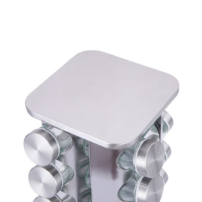 Modern stainless steel rounded corner rotating spice rack with 16 empty glass jars (88 ml each)