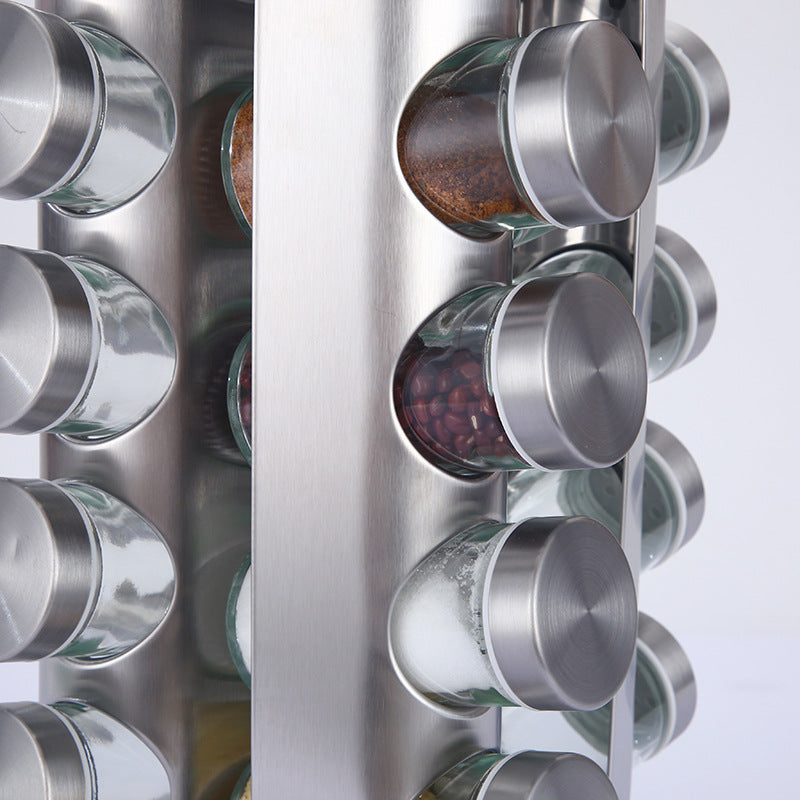 Modern stainless steel rounded corner rotating spice rack with 16 empty glass jars (88 ml each)