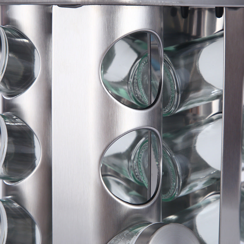 Modern stainless steel rounded corner rotating spice rack with 16 empty glass jars (88 ml each)