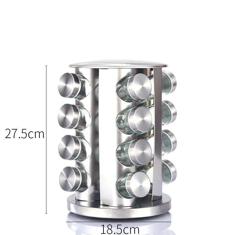 Modern stainless steel round-top rotating spice rack with 16 empty glass jars (88 ml each)