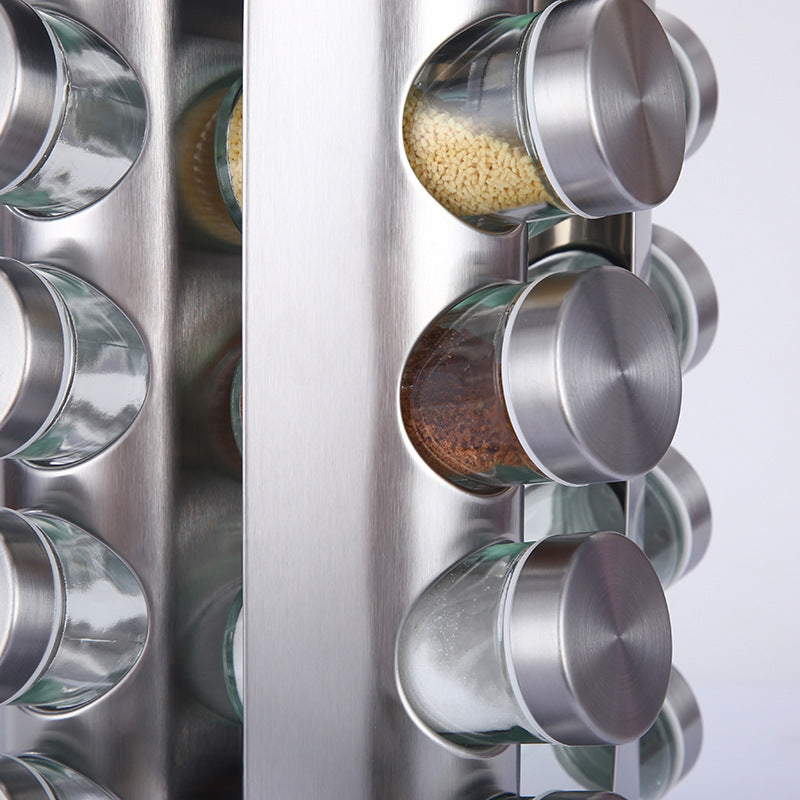 Modern stainless steel round-top rotating spice rack with 16 empty glass jars (88 ml each)