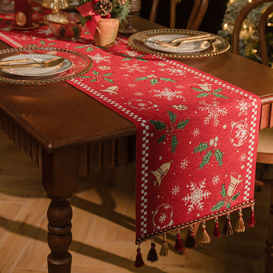 Red Christmas Table Runner with Tassels - Festive Snowflake & Bell Print (35*180cm)